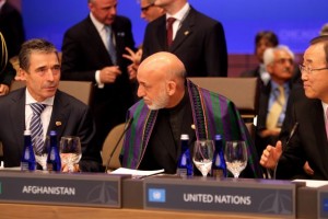 NATO Secretary General Anders Fogh Rasmussen, right, Afghan President Hamid Karzai, center, and United Nations Secretary General Ban ki-moon, right, meet with NATO counterparts and other members who comprise the International Security Assistance Force in Afghanistan, Monday, May 21, 2012 in Chicago, Illinois. (Keri Wiginton/Chicago Tribune/MCT)