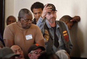 Desert Storm vet Dean Lundholm makes his frustration known at the meeting in the Veterans War Memorial Building in San Francisco, California on May 21, 2012. (Don Bartletti/Los Angeles Times/MCT)