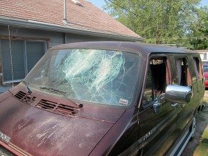 Troy Oglesby's van, after a sledgehammer was used on it by an intruded who also struck Oglesby with the same sledgehammer.