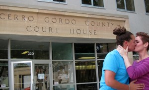 These newlyweds, in front of the Cerro Gordo County Courthouse on August 31, 2012, will now enjoy IRS recognition of their marriage.