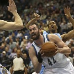 The Minnesota Timberwolves' Kevin Love goes up for a shot against  the Denver Nuggets at Target Center in Minneapolis, Minnesota, on Wednesday, November 21, 2012.