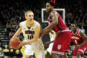 Iowa point guard Mike Gesell looks to make the pass against Indiana on Monday.