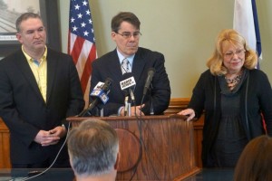 Democratic Leaders in the Iowa Senate took questions today from reporters about the Senate Democratic proposal to increase state investment in school children without increasing taxes.   From left to right: House Democratic Leader Kevin McCarty of Des Moines, Senator Majority Leader Mike Gronstal of Council Bluffs, and Senate President Pam Jochum of Dubuque. 