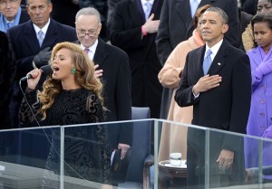 U.S. President Barack Obama watches Beyonce sing the National Anthem after he is sworn-in for a second term by Supreme Court Chief Justice John Roberts during his public inauguration ceremony at the U.S. Capitol Building in Washington, D.C. on January 21, 2013. President Obama was joined by First Lady Michelle Obama and daughters Sasha and Malia. UPI/Kevin Dietsch