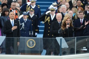 Beyonce sings the National Anthem after President Barack Obama was sworn-in for a second term as the President of the United States by Supreme Court Chief Justice John Roberts during his public inauguration ceremony at the U.S. Capitol Building in Washington, D.C. on January 21, 2013.      UPI/Pat Benic