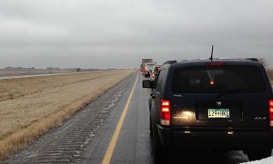 Roads are ice covered and traffic is backed up on I-35.