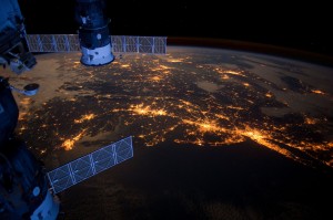 An Expedition 30 crew member aboard the International Space Station took this nighttime photograph of much of the Atlantic coast of the United States on February 6, 2012. Large metropolitan areas and other easily recognizable sites from the Virginia/Maryland/Washington, D.C. area are visible in the image that spans almost to Rhode Island. Boston is just out of frame at right. Long Island and the New York City area are visible in the lower right quadrant. Philadelphia and Pittsburgh are near the center. Parts of two Russian vehicles parked at the orbital outpost are seen in left foreground. UPI/NASA