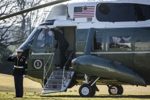President Barack Obama departs the White House to travel to Decatur, Georgia, on Thursday, Feb. 14, 2013 in Washington, DC. UPI/Brendan Hoffman/Pool