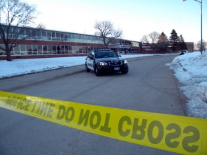 Police Tape blocking traffic at the MCHS / JAMS campus Thursday morning