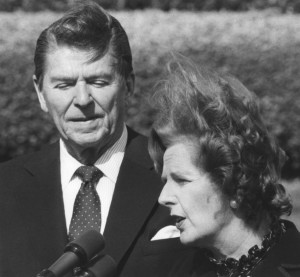     President Ronald Reagan and British Prime Minister Margaret Thatcher fight a stiff breeze outside the White House WASHINGTON: President Reagan and British Prime Minister Margaret Thatcher fight a stiff breeze 2/26/1981 as they talk to reporters outside the White House at the conclusion of their Oval office meeting. (UPI Photo/Darryl Heikes)