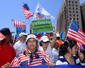 Thousands of demonstrators gather in Los Angeles on May 1, 2013, as part of May Day national marches and rallies, energized by the possibility of immigration reform. Today's demonstrations are intended to press Congress to enact legislation ending deportations.  UPI/Jim Ruymen