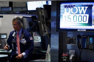 A TV broadcasts the record setting day of the DOW on the floor of the NYSE after the closing bell on Wall Street In New York City on May 7, 2013. The Dow Jones Industrial Average closed above 15,000 for the first time in history.   UPI/John Angelillo