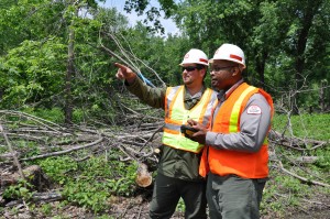 U.S. Army Corps of Engineers foresters Dan Reiburn and Bobby Jackson, La Crescent, Minn., plan for the reforestation of a 60-acre island on the Mississippi River. The island, located near Red Wing, Minn., is being taking over by the invasive reed canary grass.