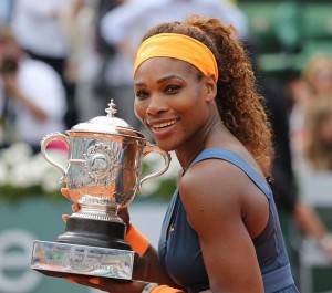 American Serena Williams holds the championship trophy after winning her French Open women's final match against Russian Maria Sharapova at Roland Garros in Paris on June 8, 2013.  Williams defeated Sharapova 6-4, 6-4 to win her second French Open title and become the first American woman to win at Roland Garros since she last won the tournament in 2002 .   UPI/David Silpa