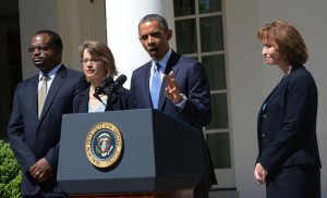 President Barack Obama holds up three fingers for three vacancies as he  introduces his three judicial nominees for the U.S. Court of Appeals for the District of Columbia Circuit, in the Rose Garden of the White House in Washington, DC on June 4, 2013.   The DC court is considered the nation's second-most powerful court next to the Supreme Court.  The nominees are (L-R) Judge Robert Wilkins, Cornelia ÒNinaÓ Pillard, and Patricia Ann Millett.   UPI/Pat Benic