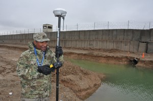 Richard Allahar, a surveyor and cartographer with the 553rd Engineer Detachment, Forward Engineer Support Team – Advance conducts geospatial survey work at a forward operating base in Southern Afghanistan. 