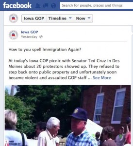 Facebook post from Iowa GOP, mocking a protestor for mis-spelling the word "immigration".  The Iowa GOP's sentence "How to you spell Immigration Again?" has a grammatical error and two wrongly-capitalized words.