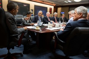 President Barack Obama meets with members of his national security team, including Defense Secretary Chuck Hagel, to discuss the situation in Egypt, in the Situation Room of the White House, July 3, 2013. Official White House Photo by Pete Souza 
