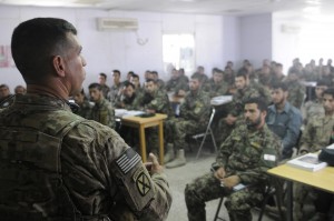 U.S. Army Command Sgt. Maj. Noe Salinas, senior enlisted adviser, 4th Brigade, 10th Mountain Division, Task Force Patriot, addresses a new class of medics from the Afghan National Security Forces while assessing the status of medical operations on Forward Operating Base Gamberi, Aug. 12, 2013. He thanked them for their service and emphasized the importance of their new profession. (U.S. Army Photo by Sgt. Eric Provost, Task Force Patriot PAO)