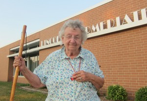 Janice Easley with her shiny new red whistle Monday at Lincoln School