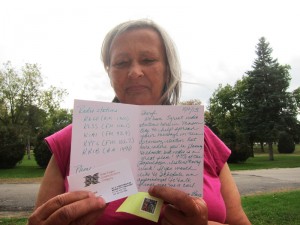 Sheryl Gerk holds a letter from Three Eagles radio in Mason City asking her to advertise on their radio stations.