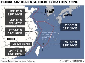 From the Chinese military: A new East China Sea defense zone established Saturday, November 23rd, 2013.