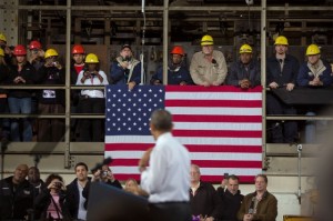 Workers listen as President Barack Obama delivers remarks at the ArcelorMittal Steel factory in Cleveland, Ohio, Nov. 14, 2013. (Official White House Photo by Lawrence Jackson) 