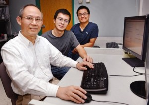  Iowa State's Morris Chang, Terry Fang and Danny Shih, left to right, are working to use typing, mouse and mobile device use patterns to secure networks and data. Larger photo. Photo by Amy Vinchattle.