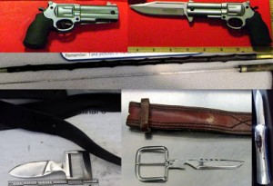Top to Bottom - Left to Right: Gun Knife (TLH), Cane Sword (CLE), Belt Buckle Knife (LAX), Belt Buckle Knife (OMA), Switchblade (EWR)