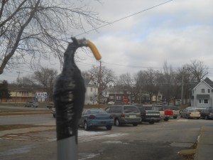 A not-so-high-tech piece of equipment made with the sole purpose of pulling down video surveillance cameras.  This hook took two cameras. (Click photo to view larger)