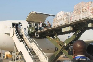 The first of two UNICEF-chartered planes arrive in Juba, South Sudan, loaded with supplies for women and children. Photo: UNMISS/Tina Turyagenda