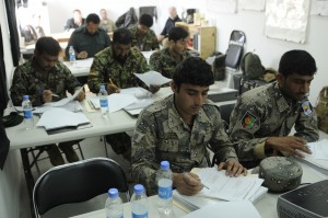 Afghan National Army soldiers and policemen recruited to work at various Operations Coordination Centers across Regional Command-East go through the four week foundations course Feb. 4, 2014, at the Regional OCC at Forward Operating Base Gamberi. The course teaches the recruits skills in operations, intelligence, computers, and other areas to prepare them for their mission at the OCC. (U.S. Army Photo by Spc. Eric Provost, Task Force Patriot PAO)