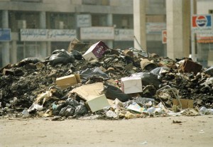 A pile of wreckage left behind in downtown Kuwait after looting and destruction by Iraqi occupation forces in 1991. UN Photo/John Isaac