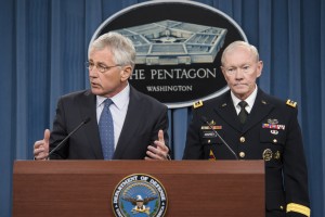 Defense Secretary Chuck Hagel and Army Gen. Martin E. Dempsey, chairman of the Joint Chiefs of Staff, brief reporters on the fiscal year 2015 defense budget proposal at the Pentagon, Feb. 24, 2014. DOD photo by U.S. Army Staff Sgt. Sean K. Harp