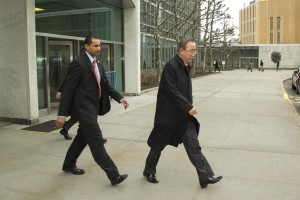 Secretary-General Ban Ki-moon (right) leaving UN Headquarters and heading to Russia and Ukraine. UN Photo/Paulo Filgueiras