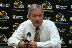 Iowa coach Kirk Ferentz at press conference, Wednesday, March 26, 2014