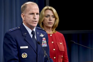 Air Force Secretary Deborah Lee James and Air Force Lt. Gen. Stephen Wilson, commander of Air Force Global Strike Command, brief reporters on the results of the command's investigation into allegations of compromised test materials at the Pentagon, March 27, 2014. James and Wilson also provided an update on the service's force improvement program. U.S. Air Force photo by Scott M. Ash  
