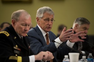 Defense Department's fiscal year 2015 budget request before the House Appropriations Committee's defense subcommittee in Washington, D.C., March 13, 2014. Army Gen. Martin E. Dempsey, chairman of the Joint Chiefs of Staff, and Robert F. Hale, the Defense Department's comptroller, joined Hagel to testify on the request. DOD photo by Erin A. Kirk-Cuomo