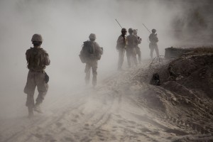 U.S. Marines with 2nd Squad, 3rd Platoon, Bravo Company, 1st Battalion, 7th Marine Regiment, Regimental Combat Team 6, begin a patrol out of Forward Operating Base Shamsher, Helmand province, Afghanistan, Sept. 6, 2012. Marines conducted the patrol to disrupt the flow of lethal and illicit aid by the enemy in the area.