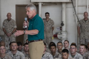 Defense Secretary Chuck Hagel speaks to Marines stationed on Camp Pendleton, Calif., Aug. 12, 2014, after returning to the United States from a trip to Germany, India and Australia. DoD photo by Navy Petty Officer 2nd Class Sean Hurt  