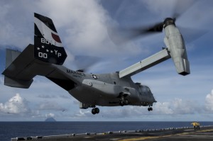 An MV-22 Osprey attached to Marine Medium Tiltrotor Squadron (VMM) 163 (Reinforced) launches from the flight deck of amphibious assault ship USS Makin Island (LHD 8). Makin Island, the flagship of the Makin Island Amphibious Ready Group, is on a scheduled deployment with the 11th Marine Expeditionary Unit (11th MEU) to the U.S. 7th and 5th Fleet areas of responsibility. (U.S. Navy photo by Mass Communication Specialist 2nd Class Christopher Lindahl/Released)