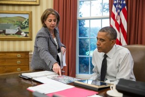Lisa Monaco, assistant to the president for homeland security and counterterrorism, updates President Barack Obama in the Oval Office on the shooting in Canada prior to his phone call with Prime Minister Stephen Harper, Oct. 22, 2014. White House Photo by Pete Souza  