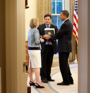 President Obama meets with Cynthia Hogan, Counsel to the Vice-President and Ron Klain, Chief of Staff to the Vice President in the Oval Office. May 21, 2009. (Official White House Photo by Pete Souza) 