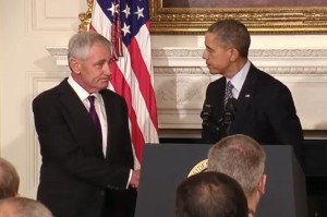 Defense Secretary Chuck Hagel shakes hands with President Barack Obama at the White House today. The president announced that Hagel would resign his position as defense secretary.