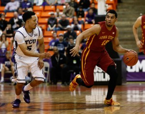 Mar 7, 2015; Fort Worth, TX, USA; Iowa State Cyclones guard Naz Long (15) drives around TCU Horned Frogs guard Kyan Anderson (5) during the first half of a NCAA basketball game at Wilkerson-Greines Athletic Center. Mandatory Credit: Jim Cowsert-USA TODAY Sports