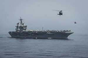 GULF OF OMAN (Apr. 13, 2015) Helicopters fly from the aircraft carrier USS Theodore Roosevelt 