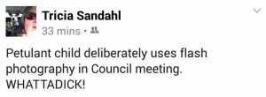 Sent to NIT by a loyal reader.  Another one of Brent Trout's employees gone wild, calling fellow taxpaying citizens dirty names Tuesday night after the council meeting.