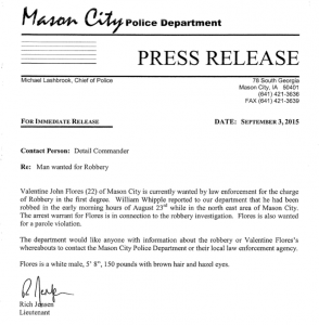 Flores press release, Sept. 3, 2015 (Click to view larger)