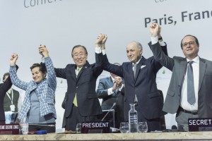Secretary-General Ban Ki-moon (second left); Christiana Figueres (right), Executive Secretary of the UN Framework Convention on Climate Change (UNFCCC); Laurent Fabius (second right), Minister for Foreign Affairs of France and President of the UN Climate Change Conference in Paris (COP21) and Franois Hollande (right), President of France celebrate