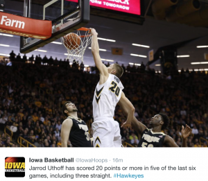 Player of the year candidate Jarrod Uthoff slams it home for the Hawkeyes (Twitter screenshot of game action)